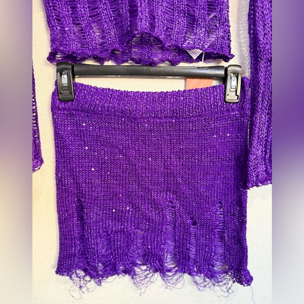 Fairy core 3PC Purple Crochet Set M Festival W Y2K Distressed Crop Top Skirt - Picture 4 of 13